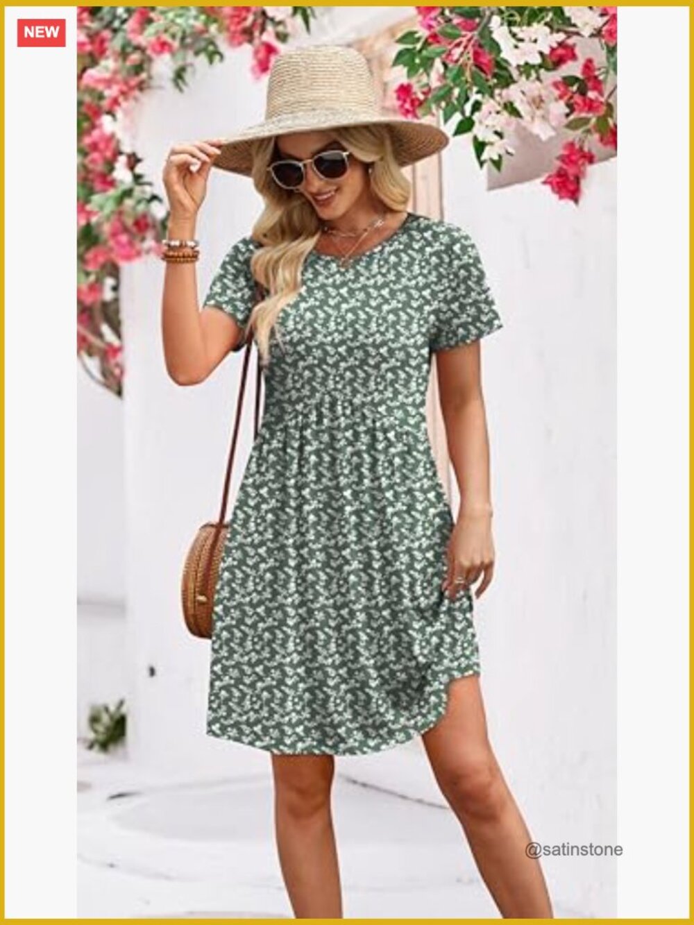 Short Sleeve Crew Neck Casual Maternity Dress with Pockets Empire Waist A-Line - Picture 2 of 7